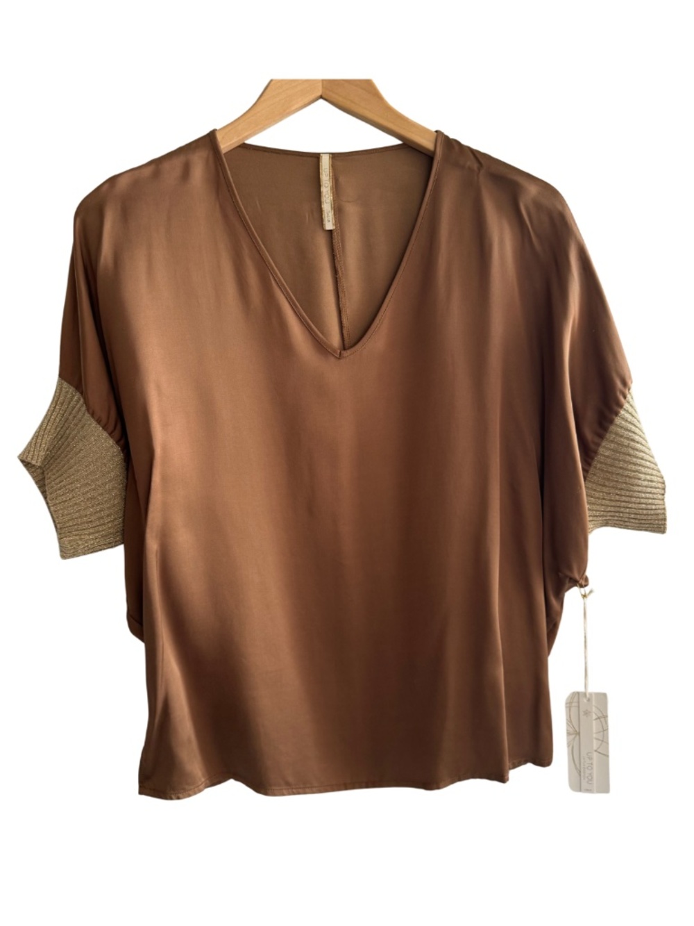 Up To You Italia Copper Satin V-Neck Blouse One Size NWT Made Italy